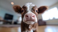 Close up portrait of brown and white calf with curious expression looking directly at camera, soft focus background creates engaging farm animal photography.