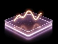 Glowing neon wave line graph in transparent cube with purple light effect on dark background, digital data visualization concept for business analytics.