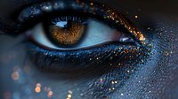 Mesmerizing brown eye with glowing gold glitter makeup and sparkles against dark background, dramatic macro photography for cosmetic and beauty advertising.