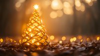 Glowing golden Christmas tree decoration with warm bokeh lights on dark background, creating magical holiday atmosphere. Perfect for festive designs.