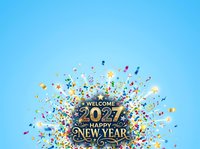 Welcome to 2027 Happy New Year celebration with colorful confetti explosion and gold text on blue background, suitable for holiday greeting cards, social media posts, and festive event promotions.