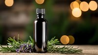 Dark glass bottle with fresh rosemary sprigs and dried lavender on wooden surface against blurred bokeh lights background, aromatherapy and wellness concept.