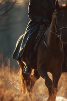 Equestrian rider in dark clothing mounted on brown horse galloping through golden field at sunset with warm backlighting and dust clouds.