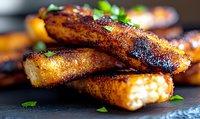 Crispy golden-brown fish fillets with charred edges and fresh herbs garnish on dark slate background, close-up macro shot showing flaky texture and caramelized surface.