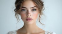 Young Caucasian woman with natural makeup, blue eyes and brown hair in romantic updo style against light background, soft focus portrait for beauty and cosmetic advertising.