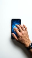 Male hand with mature skin tone touching smartphone screen displaying blue digital holographic interface against white background, representing technology interaction, biometric authentication, and digital innovation for mobile apps and tech solutions.