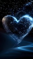 Glowing heart shape formed by connected dots and lines against dark background, representing digital love, network connections and modern romance concept.