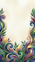 Ornate decorative corner border with colorful swirling flourishes, leaves and scrolls in purple, blue, yellow and green on cream background. Isolated design element for invitations, cards and stationery.
