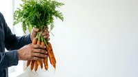 Fresh organic carrots with green leafy tops held in hands against white background, suitable for healthy food, agriculture, and farm produce marketing.