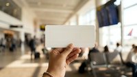 Person holding blank white card in busy airport terminal with travelers and departure boards in background.