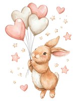 Sweet bunny holding heart-shaped balloons surrounded by stars and hearts in soft coral and beige watercolor style on white background, ready for nursery decor.