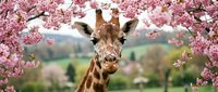 Giraffe surrounded by blooming pink cherry blossoms in spring landscape with green hills and countryside scenery in background. Wildlife and nature.