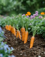 Fresh orange carrots growing in row with green tops in organic garden soil, surrounded by purple and yellow flowers, showing natural growth process.