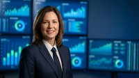 Professional businesswoman in suit smiling confidently in modern office with financial data charts and graphs on multiple screens behind her.