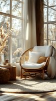 Cozy reading nook with rattan chair, white cushions and dried flowers by large window. Warm sunlight creates peaceful atmosphere in minimalist interior setting.