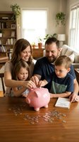 Happy Caucasian family of four saving money together with pink piggy bank at home table, teaching children financial literacy and budgeting skills.