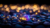 Glowing crystal stone among pebbles on beach at twilight with warm bokeh lights creating magical atmosphere for meditation and spiritual concepts.