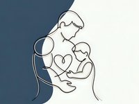 Minimalist line art of father holding baby in tender embrace, continuous single line drawing style for modern nursery decor and parenting content.