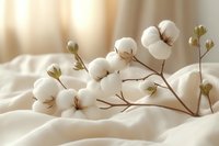 Delicate cotton plant branch with fluffy white bolls and buds lying on soft beige fabric in warm natural lighting, creating gentle organic composition.