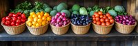 Fresh colorful tomatoes and vegetables arranged in wicker baskets on rustic wooden shelf, panoramic view showing vibrant produce display at farmers market.