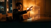 Professional businessman interacting with holographic building model in modern office environment showcasing futuristic architecture technology and innovation.