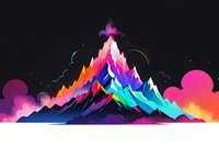 Vibrant mountain landscape with neon colors against dark background, featuring gradient peaks and abstract clouds in pink, purple, blue and orange tones.