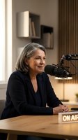 Mature woman radio host speaking into microphone at broadcasting studio desk with on air sign during live show recording session.