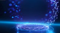 Glowing blue digital circle with network connections and particles floating in dark space, futuristic technology concept for business and innovation background.
