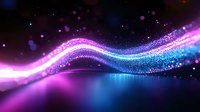 Glowing neon wave with sparkling particles flowing in dark space, pink and blue light trail effect creating dynamic motion against black background.