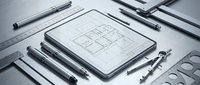 Digital tablet displaying architectural floor plan blueprint surrounded by drafting tools, rulers, and compasses on a desk.
