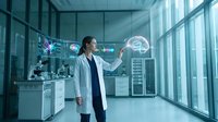 Female scientist in white lab coat interacting with holographic brain display in modern medical research facility with futuristic technology interface.