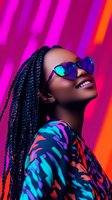 Young African American woman with box braids wearing heart-shaped sunglasses and colorful tropical print top smiles against vibrant pink and orange background lighting.