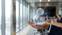 Businessman holding glowing digital rocket icon with sparkles in modern office environment, representing startup launch, innovation, and business growth strategy.