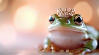 Green tree frog wearing tiny golden crown against soft bokeh background, symbolizing fairy tale concept for children's book illustration.