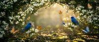 Enchanting spring garden with two blue birds perched among white blossoms, butterflies flying in golden sunlight through a floral arch.