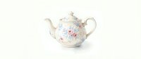 Vintage floral porcelain teapot with delicate rose pattern on white background, isolated for kitchen decor, tea service, and dining design projects.