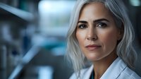 Confident mature woman with silver gray hair and natural makeup wearing white blazer, looking ahead with determined expression against blurred office background.