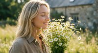 Young blonde Caucasian woman smelling fresh chamomile flowers in sunny garden. Natural beauty, wellness and aromatherapy concept for spa and skincare products.
