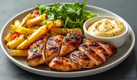 Grilled chicken breast with golden french fries, fresh arugula salad and creamy sauce on gray ceramic plate. Close up view of juicy meat dinner.