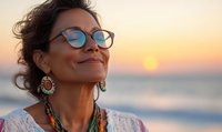 Mature woman with glasses smiling at sunset on beach, wearing colorful ethnic jewelry and white lace top, radiating joy and serenity.