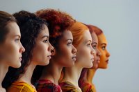Side profile portraits of five diverse women with different hair colors and textures standing in line against neutral background, representing beauty, diversity and unity.