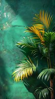 Vibrant yellow and green palm leaves against textured emerald wall create dramatic tropical contrast. Natural light adds depth and shadow for modern botanical design.