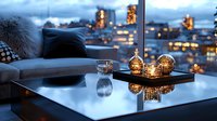 Cozy evening atmosphere with illuminated glass decorations on coffee table against city lights backdrop, modern luxury apartment interior with panoramic window view.
