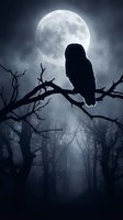 Owl silhouette perched on bare branch against full moon in misty forest creates atmospheric nocturnal scene for Halloween and mystery themed designs.