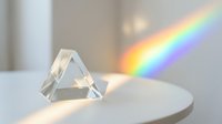 Glass triangular prism refracting light into a vivid rainbow spectrum on a white surface, showcasing optical dispersion in a minimalist setting.