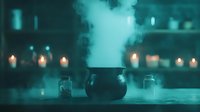 Mystical cauldron with rising steam surrounded by glowing candles in dark kitchen setting, creating magical atmosphere for potion brewing.