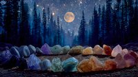 Colorful healing crystals arranged in circle with full moon and starry night sky over dark forest silhouette.