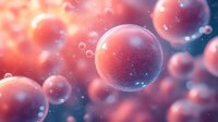 Floating spheres with glowing particles and bokeh effects in warm coral and blue tones, suitable for scientific visualization, backgrounds, and digital design projects.