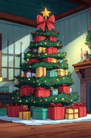 Decorated Christmas tree with colorful wrapped presents underneath, golden star topper and red bow, set in cozy room with window and fireplace at night.