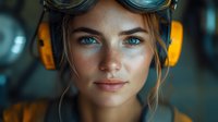 Young Caucasian female industrial worker with freckles, blue eyes and protective goggles wearing yellow ear defenders, looking confidently at camera. Close up portrait.